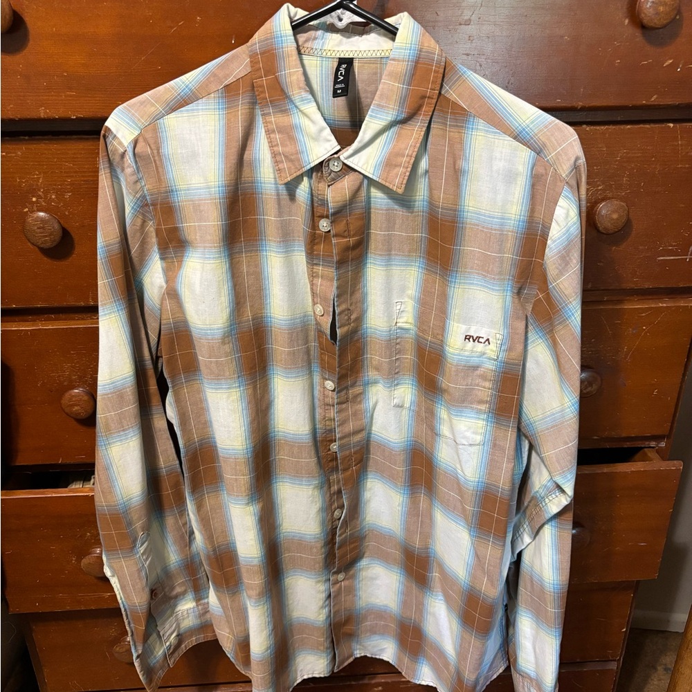 RVCA Men's Blue and Brown Plaid Shirt